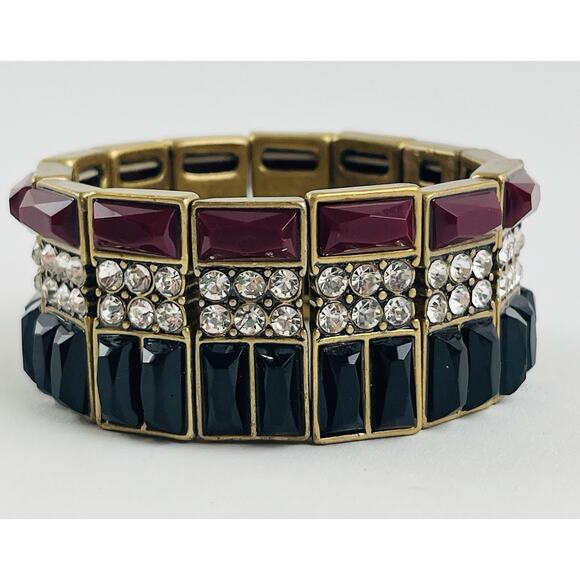 J CREW Red Black Rhinestone Stretch Bracelet Gold Tone Chunky Band Maroon Party - Picture 2 of 7